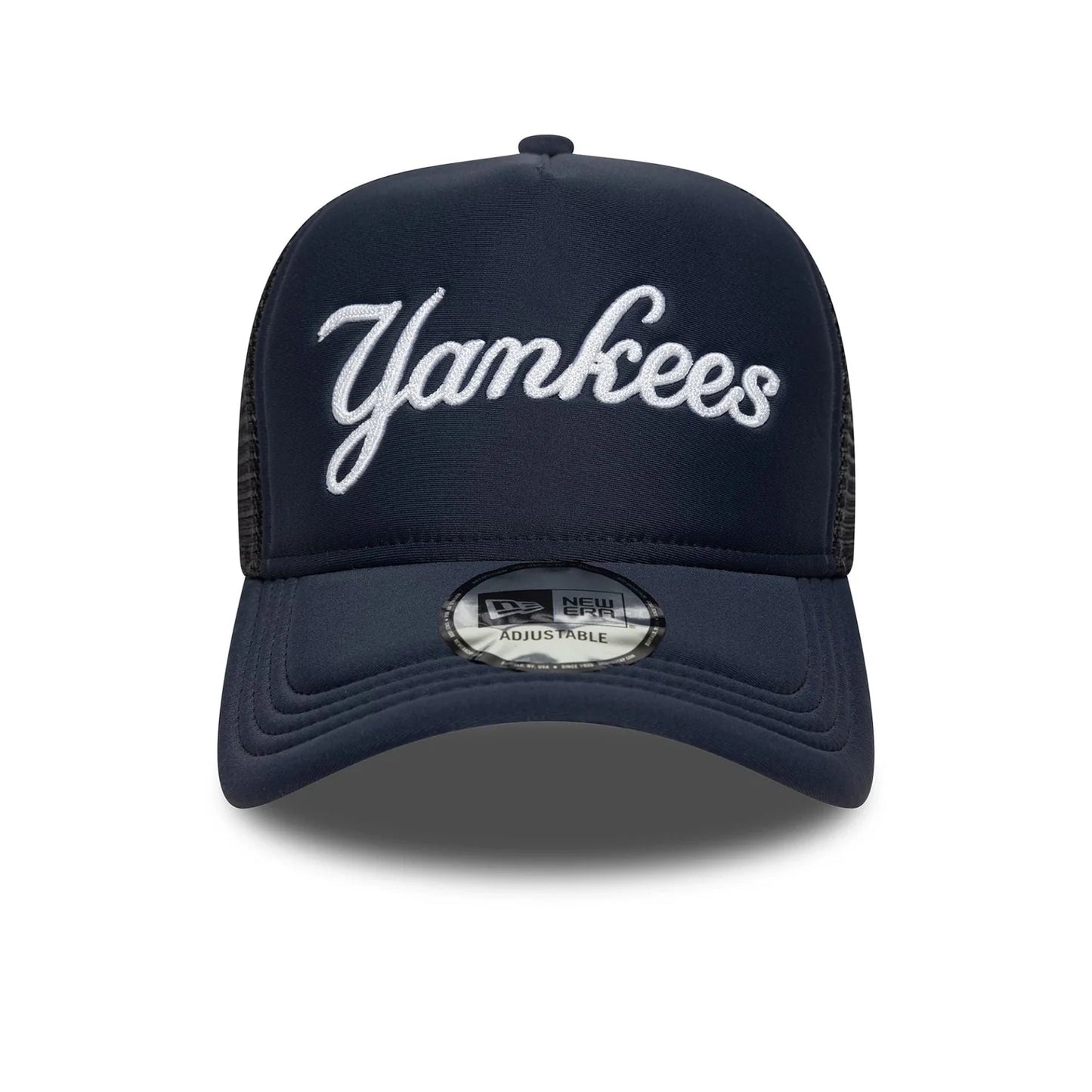 New Era Navy New York Yankees MLB Script 9FORTY A-Frame Trucker Cap