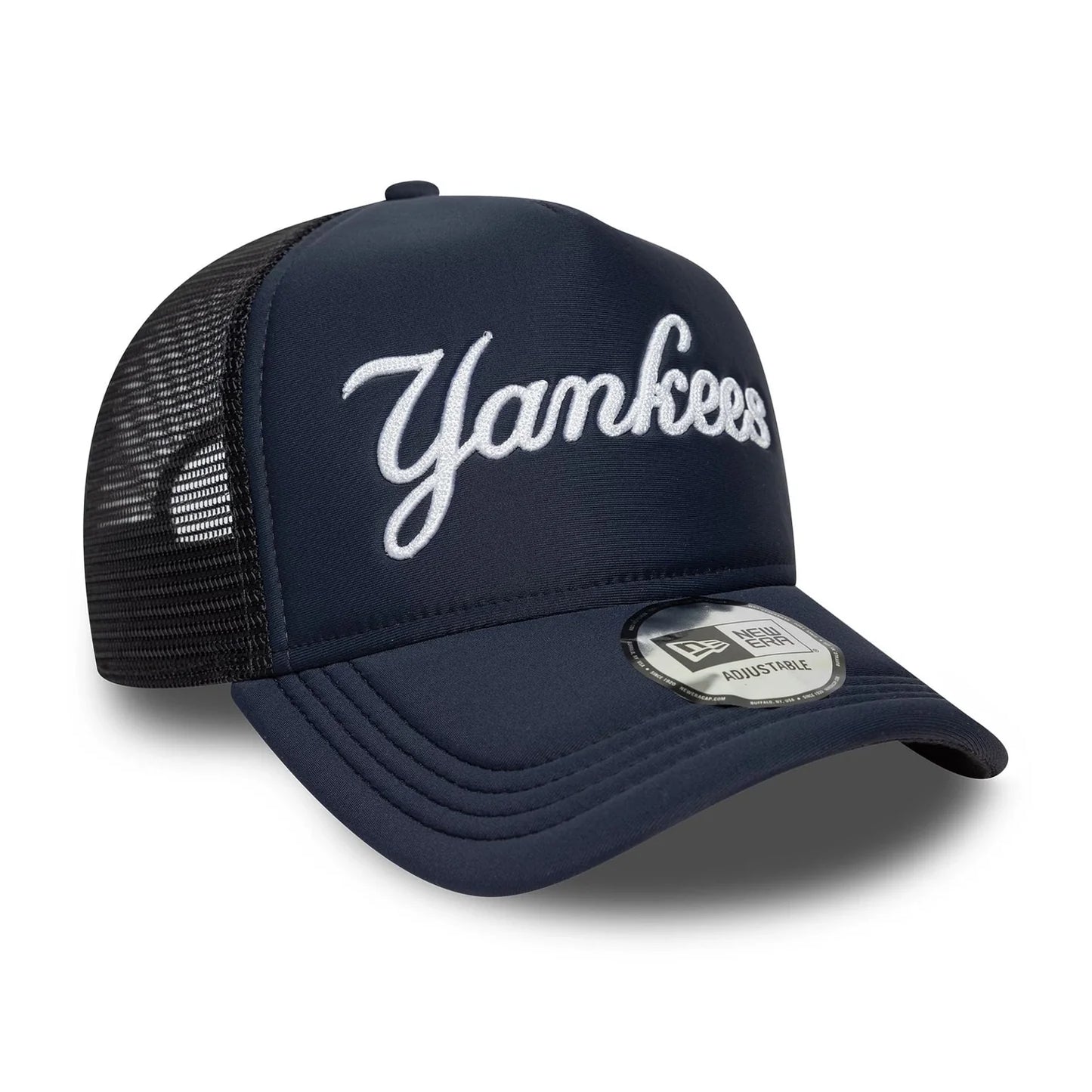New Era Navy New York Yankees MLB Script 9FORTY A-Frame Trucker Cap