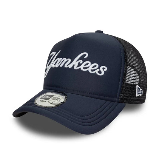 New Era Navy New York Yankees MLB Script 9FORTY A-Frame Trucker Cap