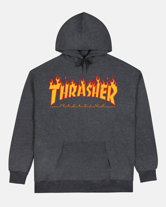 THRASHER FLAME LOGO HOODED SWEAT DARK HEATHER